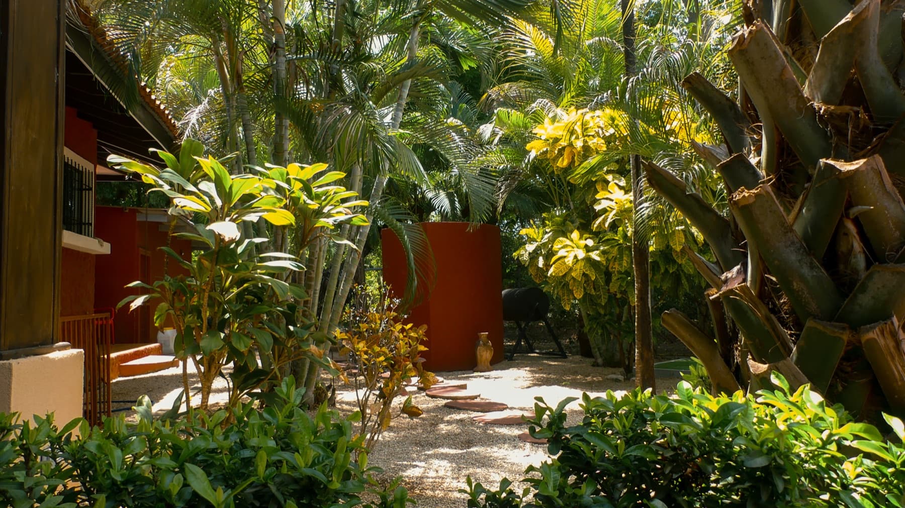 Sendero de grava entre palmeras y vegetación tropical en Casa Mariposa.